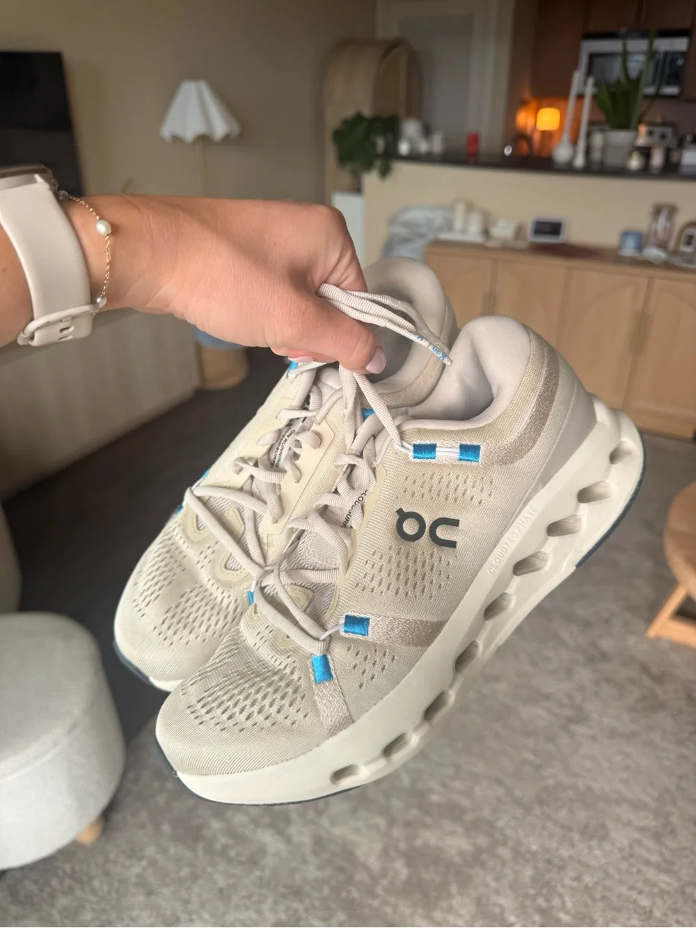 On Running Women's CloudSurfer Sand Beige Athletic Shoes with Blue Accents